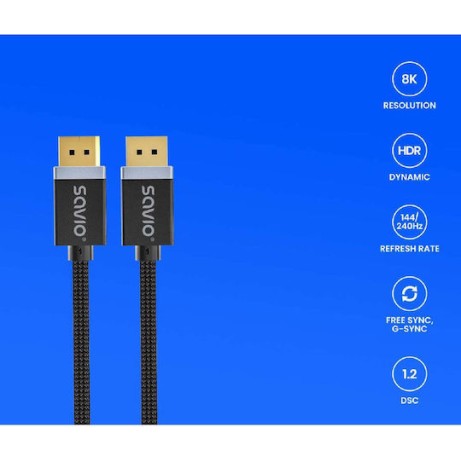 Savio Cable DisplayPort male - DisplayPort male 2m Μαύρο (CL-166)