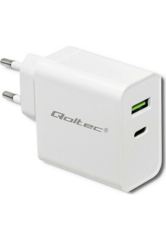 Qoltec Φορτιστής Χωρίς Καλώδιο με Θύρα USB-A και Θύρα USB-C 65W Power Delivery Λευκός (51718)