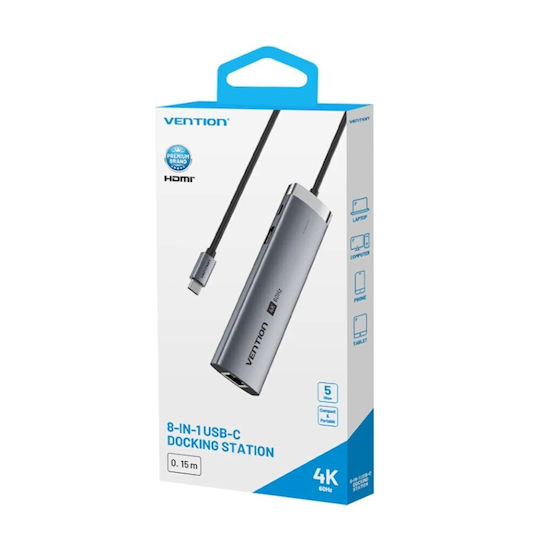 Vention 8-in-1 USB-C Docking Station με HDMI 4K PD Ethernet Γκρι
