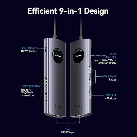 Vention 9-in-1 USB-C Docking Station με HDMI 4K PD Ethernet και σύνδεση 2 Οθονών Γκρι