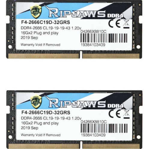 G.Skill Ripjaws DDR4 32GB RAM με 2x16GB Modules και Ταχύτητα 2666 για Laptop