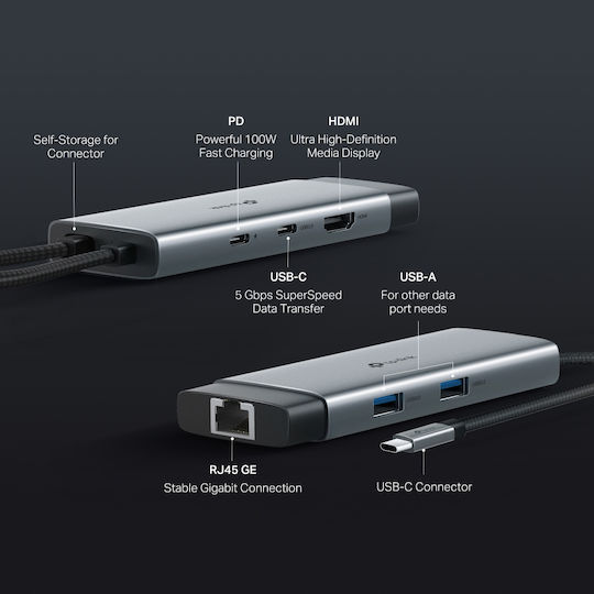 TP-LINK USB-C Docking Station με HDMI 4K PD Ethernet Γκρι (UH6120C)