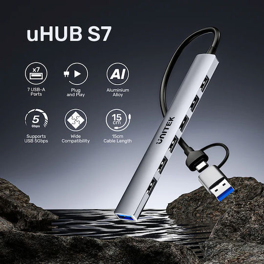 Unitek Hub 7 Θυρών USB 2.0 με σύνδεση USB-A / USB-C Γκρι