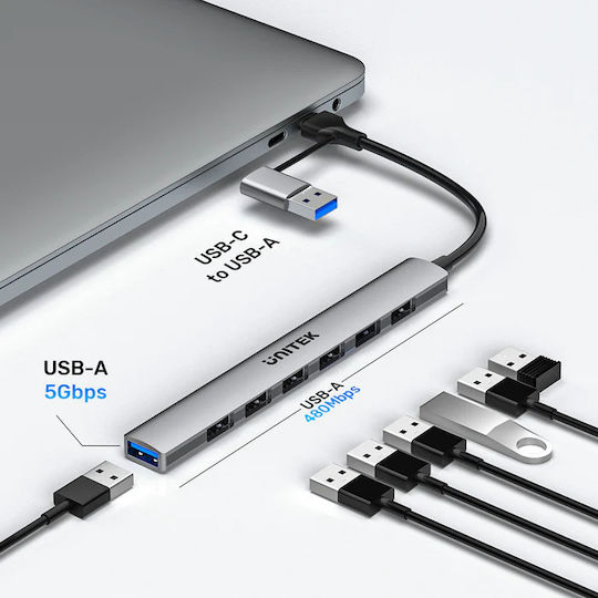 Unitek Hub 7 Θυρών USB 2.0 με σύνδεση USB-A / USB-C Γκρι