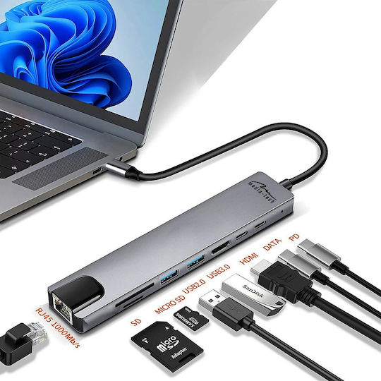 Media-Tech USB-C Docking Station με HDMI 4K PD Ethernet Γκρι (MT5046)