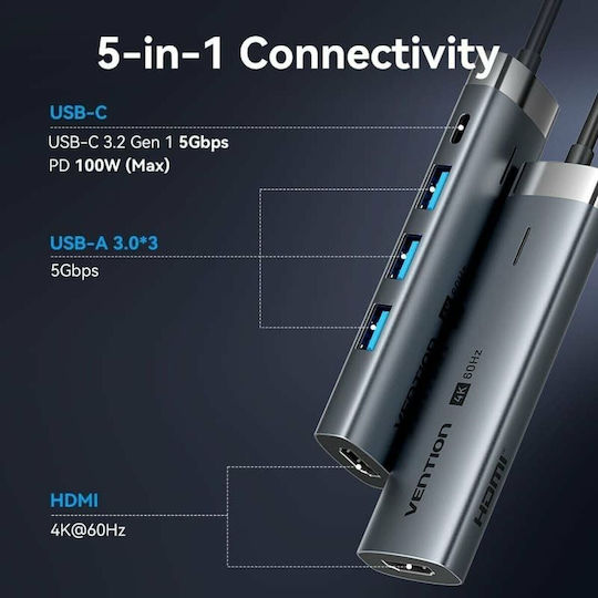 Vention USB-C Docking Station με HDMI 4K PD Γκρι (TGMHB)