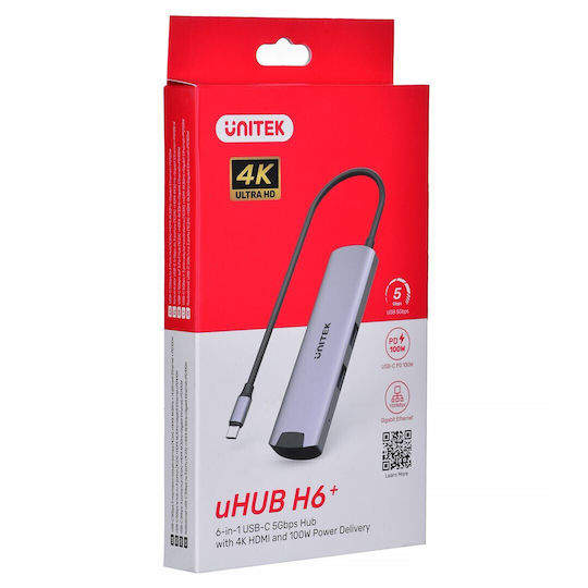 Unitek USB-C / USB-A Docking Station με 4K PD Ethernet Γκρι (H1112F)