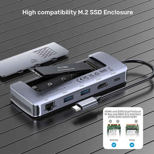 Unitek USB-C Docking Station με HDMI 4K PD Ethernet Γκρι (D1120A01)