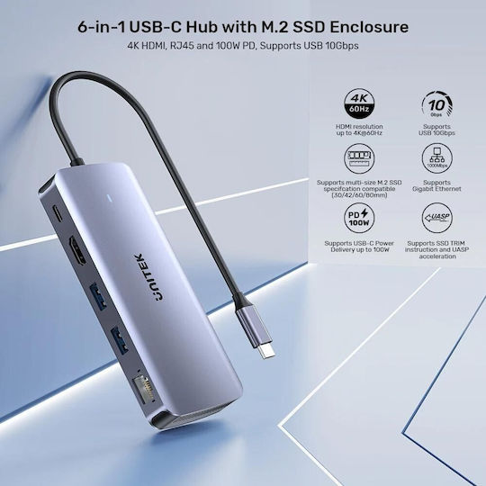 Unitek USB-C Docking Station με HDMI 4K PD Ethernet Γκρι (D1120A01)