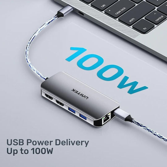 Unitek USB-C Docking Station με HDMI 4K PD Ethernet και σύνδεση 2 Οθονών Ασημί (D1122A01)