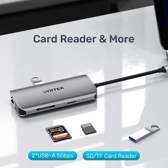 Unitek USB-C Docking Station με HDMI 4K PD Ethernet και σύνδεση 2 Οθονών Ασημί (D1122A01)