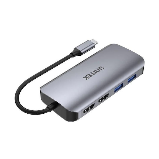 Unitek USB-C Docking Station με HDMI 4K PD Ethernet και σύνδεση 2 Οθονών Ασημί (D1122A01)
