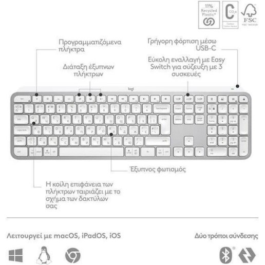 Logitech MX Keys S Ασύρματο Bluetooth Πληκτρολόγιο International English Pale Grey
