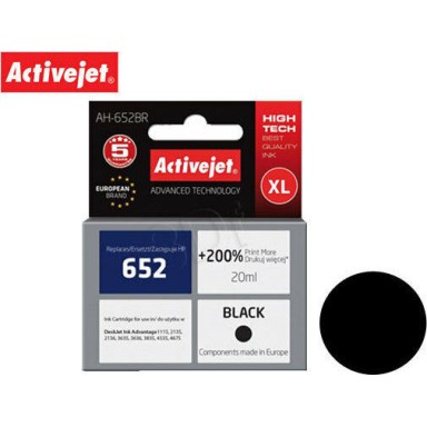 Active Jet Συμβατό Μελάνι Εκτυπωτή InkJet HP 652 F6V25AE 650 Σελίδων 20ml Μαύρο 1τμχ