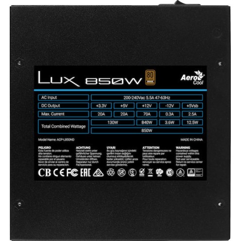 Aerocool Lux 850W Μαύρο Τροφοδοτικό Υπολογιστή Full Wired 80 Plus Bronze