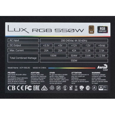 Aerocool LUX RGB 550W Μαύρο Τροφοδοτικό Υπολογιστή Full Wired 80 Plus Bronze