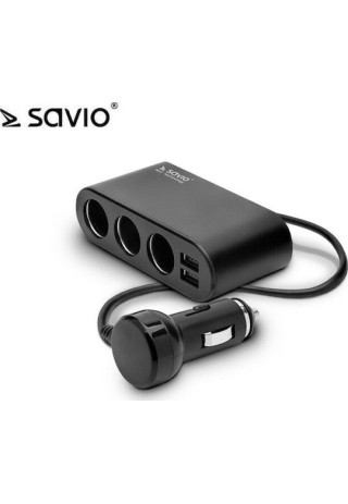 Savio SA-024 Φορτιστής Αυτοκινήτου με Θύρες: 2xUSB 3xΑναπτήρα μαζί με Καλώδιο Ενσωματωμένο Μαύρο Χρώμα
