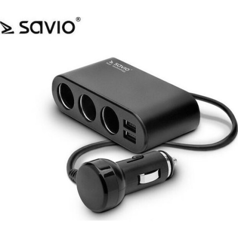 Savio SA-024 Φορτιστής Αυτοκινήτου με Θύρες: 2xUSB 3xΑναπτήρα μαζί με Καλώδιο Ενσωματωμένο Μαύρο Χρώμα