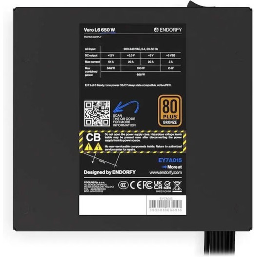 Endorfy Vero L6 650W Μαύρο Τροφοδοτικό Υπολογιστή Full Wired 80 Plus Bronze