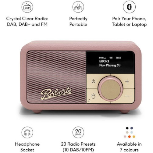 Roberts Revival Petite 2 Φορητό Ραδιόφωνο Επαναφορτιζόμενο DAB+ με Bluetooth Ροζ