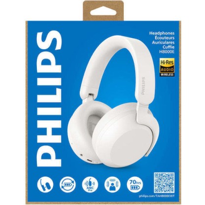 Philips TAH8000E Ασύρματα / Ενσύρματα Over Ear Ακουστικά και Quick Charge Λευκά