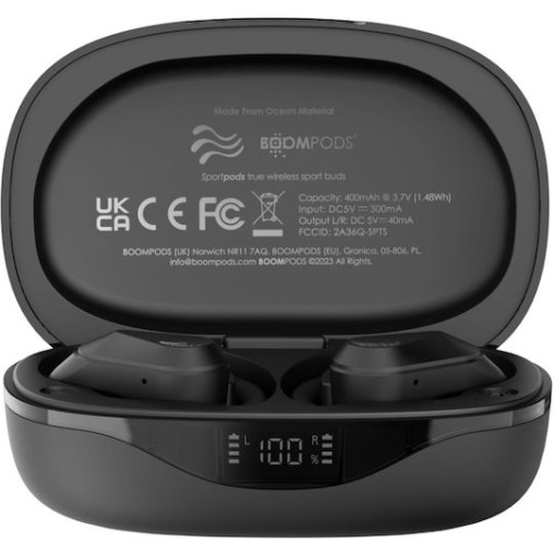 Boompods Sportpods Ocean In-ear Bluetooth Handsfree Ακουστικά με Θήκη Φόρτισης Μαύρα