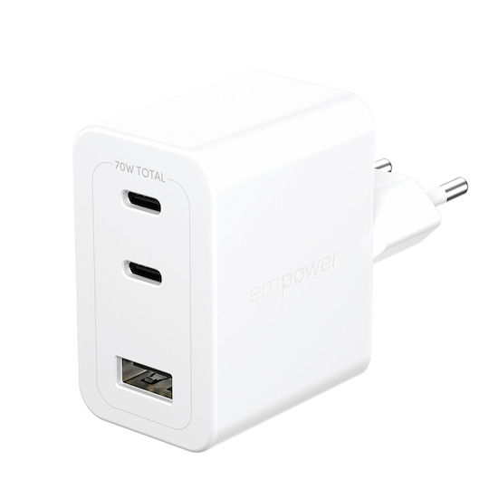 Empower by PanzerGlass Φορτιστής Χωρίς Καλώδιο με Θύρα USB-A και 2 Θύρες USB-C 70W Power Delivery Λευκός (Empower)