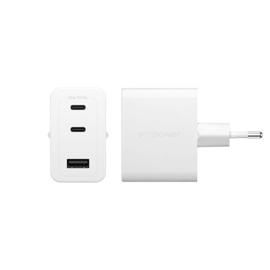 Empower by PanzerGlass Φορτιστής Χωρίς Καλώδιο με Θύρα USB-A και 2 Θύρες USB-C 70W Power Delivery Λευκός (Empower)