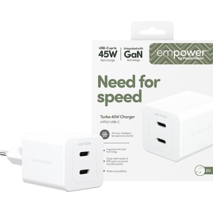 Empower by PanzerGlass Φορτιστής Χωρίς Καλώδιο GaN με 2 Θύρες USB-C 45W Ασημί (EM58685)