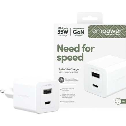 Empower by PanzerGlass Φορτιστής Χωρίς Καλώδιο GaN με Θύρα USB-A και Θύρα USB-C 35W Silver White (EM94326)