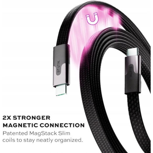 Statik MagStack Slim Pro Flat / Magnetic / Braided USB 2.0 Cable USB-C male - USB-C 100W PD Μαύρο 1m