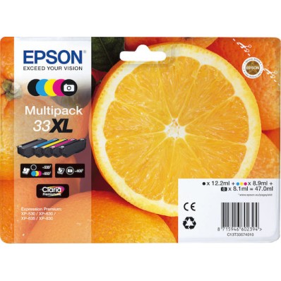 Epson 33XL Γνήσιο Πακέτο 5 Μελανιών Εκτυπωτή InkJet Photo Μαύρο / Κίτρινο / Κυανό / Ματζέντα / Μαύρο (C13T33574010 C13T33574011)