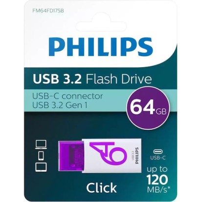 Philips Click Series Gen 1 64GB USB 3.2 Stick με σύνδεση USB-C Λευκό