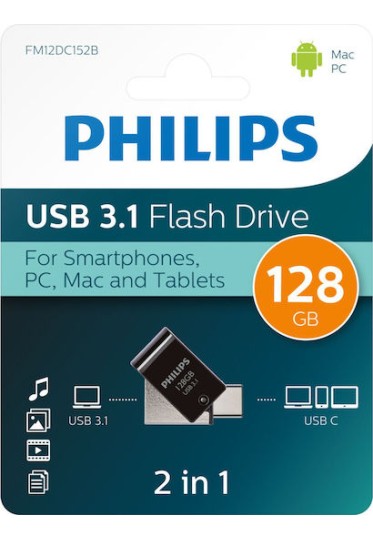 Philips 2in1 Usbc Stick 128GB USB 3.1 Stick με σύνδεση USB-C Μαύρο