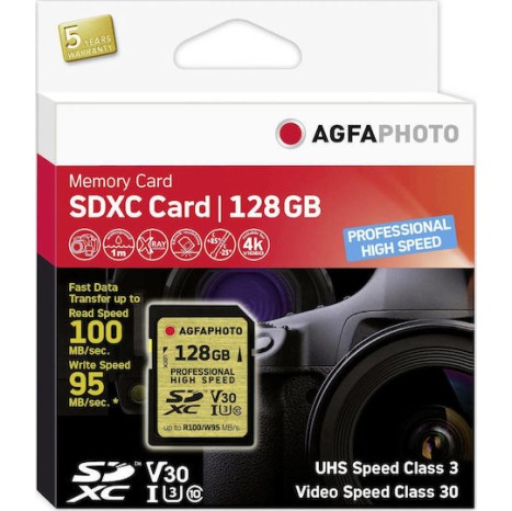 AgfaPhoto Professional High Speed SDXC 128GB U3 V30 High Speed 100MB/s