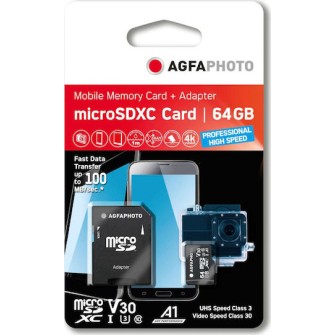 AgfaPhoto Professional microSDXC 64GB U3 V30 A1 High Speed 100MB/s με αντάπτορα