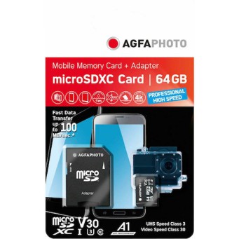 AgfaPhoto Professional microSDXC 64GB U3 V30 A1 High Speed 100MB/s με αντάπτορα
