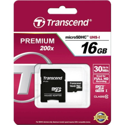 Transcend Premium 200x microSDHC 16GB Class 10 High Speed με αντάπτορα