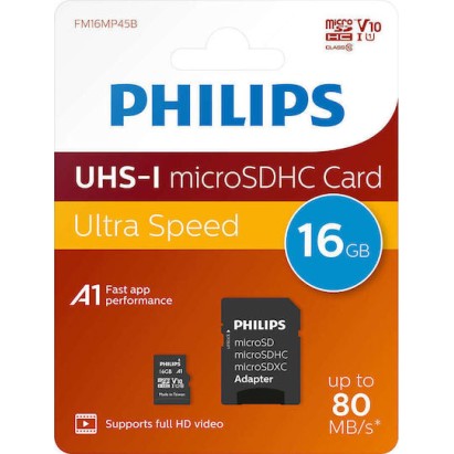 Philips microSDHC 16GB U1 V10 A1 UHS-I 80MB/s με αντάπτορα