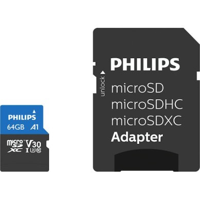 Philips Ultra Pro microSDXC 64GB U3 V30 UHS-I 100MB/s με αντάπτορα