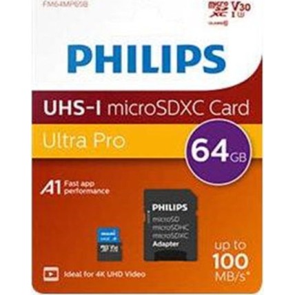 Philips Ultra Pro microSDXC 64GB U3 V30 UHS-I 100MB/s με αντάπτορα