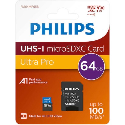 Philips Ultra Pro microSDXC 64GB U3 V30 UHS-I 100MB/s με αντάπτορα