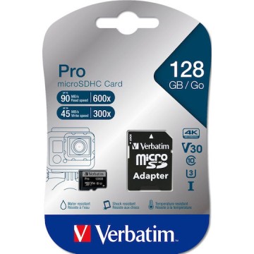 Verbatim Pro microSDXC 128GB U3 V30 UHS-I 90MB/s με αντάπτορα