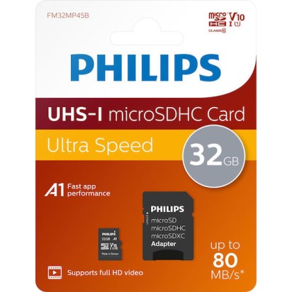Philips microSDHC 32GB U1 UHS-I 10MB/s με αντάπτορα