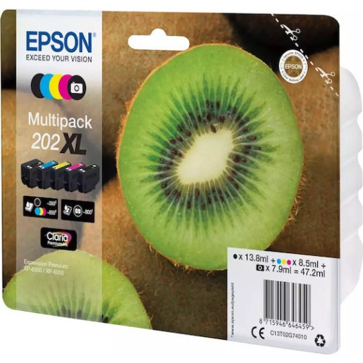 Epson 202XL Γνήσιο Πακέτο 5 Μελανιών Εκτυπωτή InkJet Photo Μαύρο / Κίτρινο / Κυανό / Ματζέντα / Μαύρο (C13T02G74010)