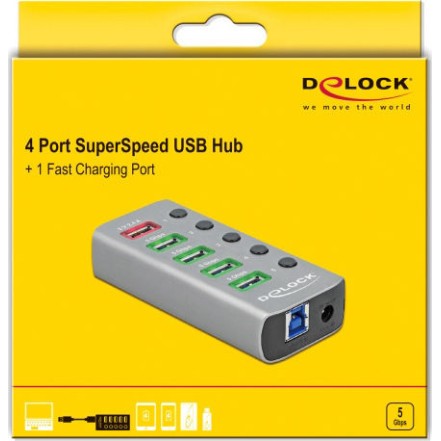 DeLock USB 3.2 Hub 5 Θυρών με σύνδεση USB-A & Θύρα Φόρτισης και Εξωτερική Παροχή Ρεύματος Γκρι